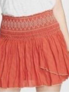 Free People “Lip Smocking Good” Coral Tiered Mini Skirt